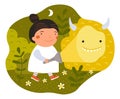 Children dreams. Little dreamer with fictional friend. Monster and kid walking in night forest. Bizarre animal