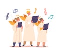 Children Dressed In Angel Costumes with Nimbus Holding Notes Harmoniously Sing Together In A Choir, Vector Illustration Royalty Free Stock Photo