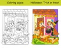 Coloring and color Halloween children with sweets vector