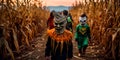 Children dressed in costumes exploring a haunted corn maze, with jack-o& x27;-lanterns guiding their way. Generative Ai