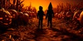 Children dressed in costumes exploring a haunted corn maze, with jack-o& x27;-lanterns guiding their way. Generative Ai