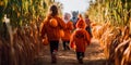 Children dressed in costumes exploring a haunted corn maze, with jack-o& x27;-lanterns guiding their way. Generative Ai