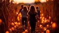 Children dressed in costumes exploring a haunted corn maze, with jack-o& x27;-lanterns guiding their way. Generative Ai