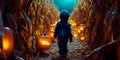 Children dressed in costumes exploring a haunted corn maze, with jack-o& x27;-lanterns guiding their way. Generative Ai