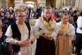 Children dressed in traditional folk costumes in the church at the Mass on Thanksgiving day in Stitar, Croatia