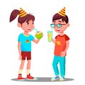 Children Drink Juice At Party Vector. Isolated Illustration
