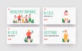 Children Drink Landing Page Template Set. Kids Drinking Water. Little Boys and Girls Characters with Cups and Bottles