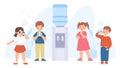 Children drinking water from cooler. Cute cartoon kids with glasses, feel thirsty and drink. Fresh beverages, break in Royalty Free Stock Photo