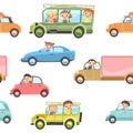 Children drive cars and bus. Seamless cartoon pattern. Kids motorists. Childrens background isolated. Various