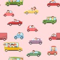 Children drive cars. Seamless cartoon pattern. Kids motorists. Childrens background illustration. Various automobiles
