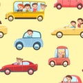 Children drive cars. Seamless cartoon pattern. Kids motorists. Childrens background illustration. Various automobiles