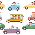 Children drive cars. Seamless cartoon pattern. Kids motorists. Childrens background isolated. Various automobiles