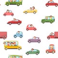 Children drive cars. Seamless cartoon pattern. Kids motorists. Childrens background isolated. Various automobiles. Toy