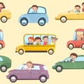 Children drive cars. Seamless cartoon pattern. Kids motorists. Smiles. Childrens background illustration. Various