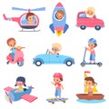 Children drivers. Young happy kids characters in different transport, cute little travellers, boys and girls in vehicles