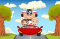 Children driving a car on the street with cow, goat, sheep and pig cartoon vector illustration Royalty Free Stock Photo