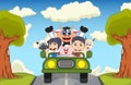 Children driving a car on the street with cow, goat, sheep and pig cartoon vector illustration Royalty Free Stock Photo