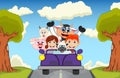 Children driving a car on the street with cow, goat, sheep and pig cartoon vector illustration Royalty Free Stock Photo