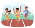 Children Eagerly Dash Across The Stadium Track, Boy Crossing the Finish Line In A Thrilling Kids Racing Competition Royalty Free Stock Photo