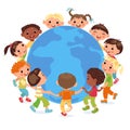 Children with Earth. Planet and kids around. Ecology and saving world concept. Happy boys or girls holding hands in Royalty Free Stock Photo