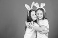 Children easter bunny costume. Playful girls sisters celebrate easter. Spring holiday. Happy childhood. Friendship