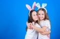 Children easter bunny costume. Playful girls sisters celebrate easter. Spring holiday. Happy childhood. Friendship Royalty Free Stock Photo