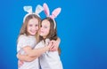 Children easter bunny costume. Playful girls sisters celebrate easter. Spring holiday. Happy childhood. Friendship Royalty Free Stock Photo
