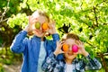 Children on an Easter egg hunt in a blooming spring garden. Toddler boy and preschool girl play in the open air. They put their