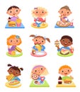 Children eat. Happy kids have breakfast, cartoon cute girls and boys dine at tables, fast food and sweet dessert. Burger Royalty Free Stock Photo