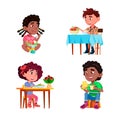 Children Eat Salad Healthy Natural Dish Set Vector Royalty Free Stock Photo