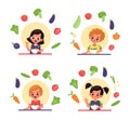 Children eat salad. Vitamin organic food and natural nutrition, kids sitting at table and eat fresh vegetables, boys and