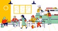 Children Eat in School Cafe. Cafeteria Interior with Tables and Chairs, Kids with Food Trays and Staff Character