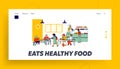 Children Eat in School Cafe Landing Page Template. Cafeteria with Tables and Chairs, Kids with Food Trays Royalty Free Stock Photo
