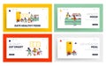 Children Eat in School Cafe Landing Page Template Set. Kids with Food Trays and Staff Character at Canteen