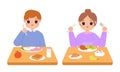 Children eating breakfast or lunch with fruits. Apple, sausage and sandwich, healthy dinner for kids. Cartoon boy and Royalty Free Stock Photo