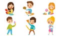 Children Eating Different Kinds Of Fastfood Vector Illustration Set