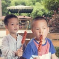 Children eating kebab Royalty Free Stock Photo