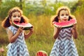 Children eating watermelon in the park. Kids eat fruit outdoors. Healthy snack for children. Little twins playing on the picnic bi Royalty Free Stock Photo