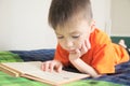 Children education, boy reading book lying on bed, child portrait smiling with book, education, interesting storybook