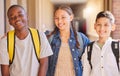 Children, education and friends portrait for study, friendship and happiness in school building hallway. Diverse Royalty Free Stock Photo