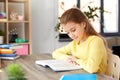 Little student girl reading book at home Royalty Free Stock Photo