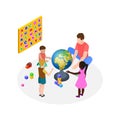 Children education. Teaching kids, preschoolers learning. Isometric man teacher in international kindergarten