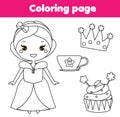 Children educational game. Coloring page with cute princess, cup and crown