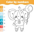 Children educational game. Coloring page with elephant. Color by numbers, printable activity