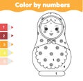 Children educational game. Coloring page with matreshka doll. Color by numbers printable activity