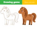 Children educational game. Complete the picture. Coloring page. Kids activity with horse. Printable drawing worksheet. Animals