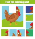 Children educational game. Find the missing piece and complete the picture. Puzzle kids activity. animals theme