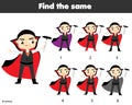 Children educational game. Find same pictures. Find two identical vampires. halloween fun for kids and toddlers