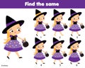 Children educational game. Find same pictures. Find two identical witch. halloween fun for kids and toddlers