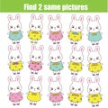 Children educational game. Find two same pictures. Cute rabbits